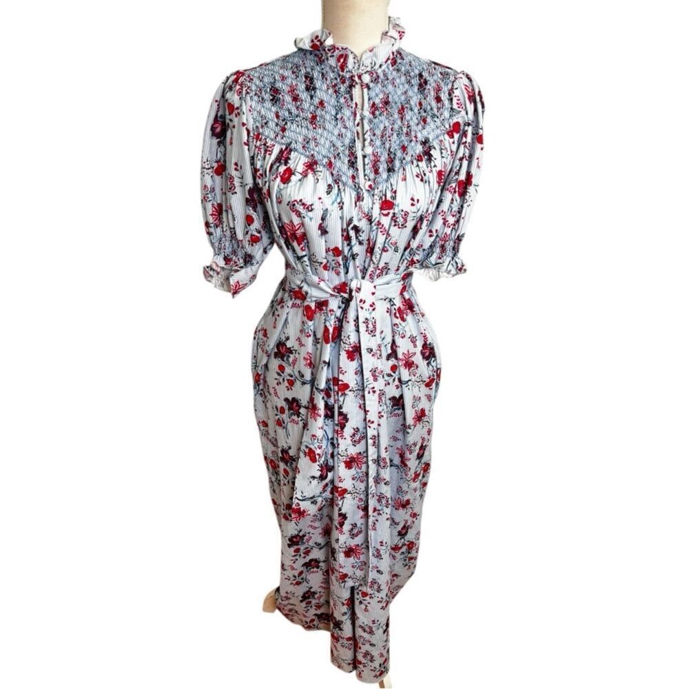 Loretta Caponi Elena Floral Puff Sleeve Smocked Maxi Dress Pinstriped Floral